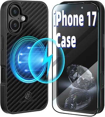 MONOCARBON Carbon Fiber Case for iPhone 17, Military-Grade 3-Layer Drop-Proof Protective Cover, 6.3" Hard Case with [Camera Button Cutout], [MagSafe Compatible] +[Free Screen Protector]