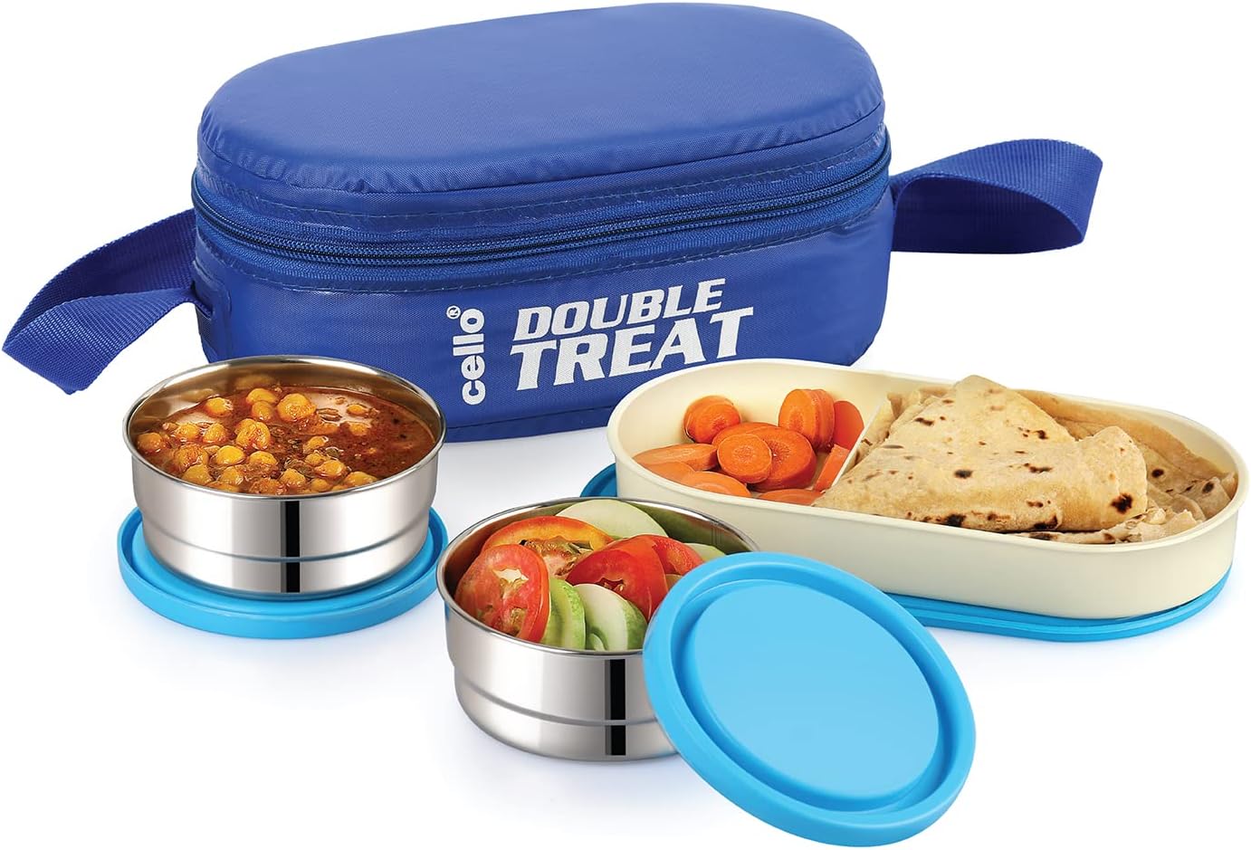 CELLO Double Treat Set of 3 Pcs Lunch Box for Office Use with Jacket Blue | 2 x 300ml Stainless Steel Containers, 1 x Oval Container |Lightweight Leakproof Airtight Tiffin Box Case For School & Travel