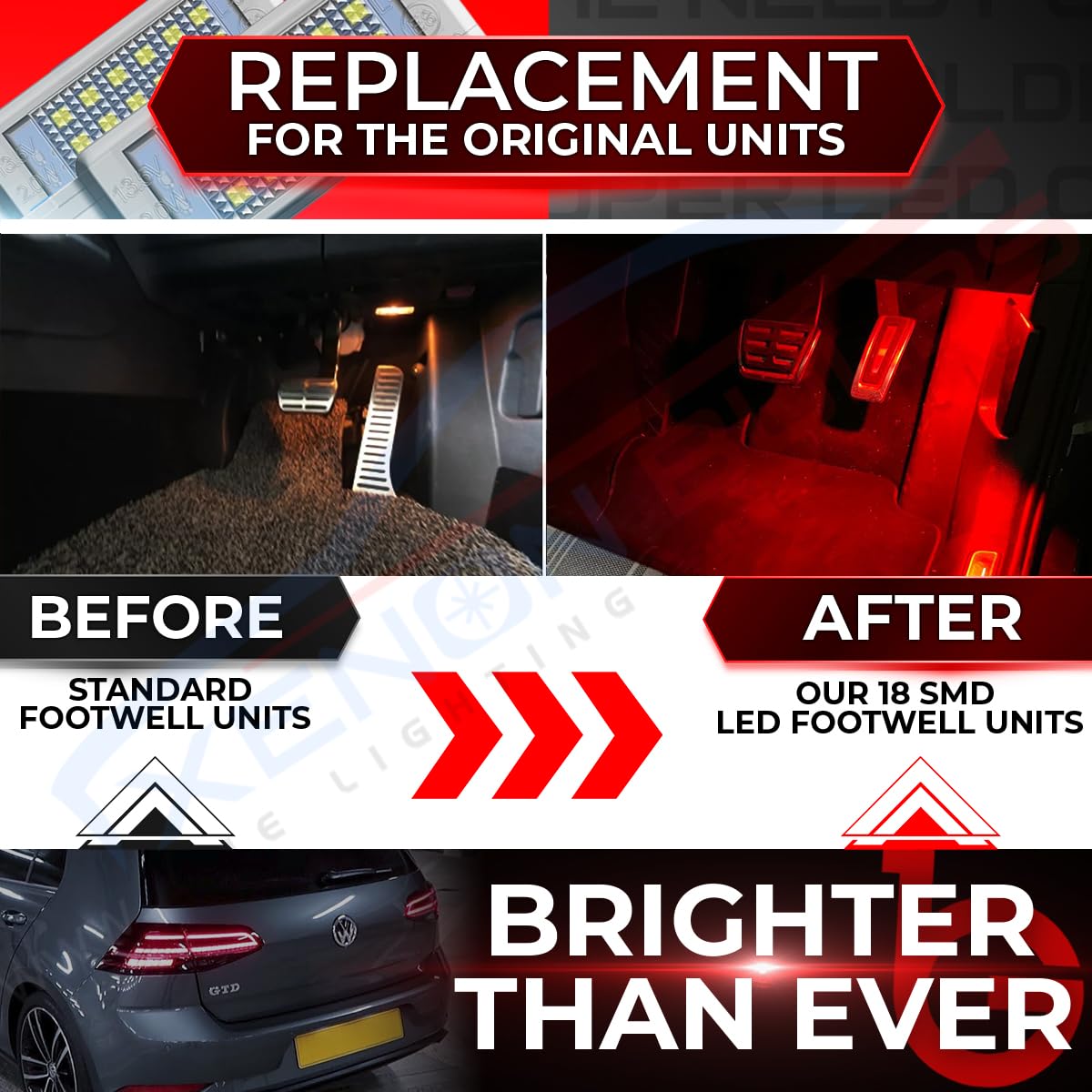 Luci interne vano piedi Golf MK5 MK6 MK7 7.5 LED VW rosso SMD OEM ricambio – 2 pezzi