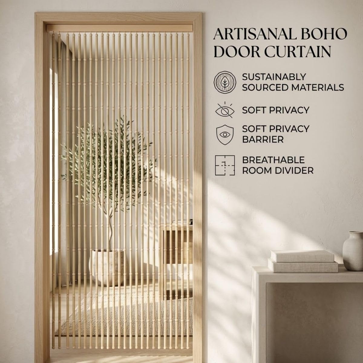 Tendas a Fili con Perline per Porta Finestra, Tendas in Legno Naturale Boho Fatta a Mano per Soggiorno, Divisorio per Ambienti e Tendas Antimosche per Cucina