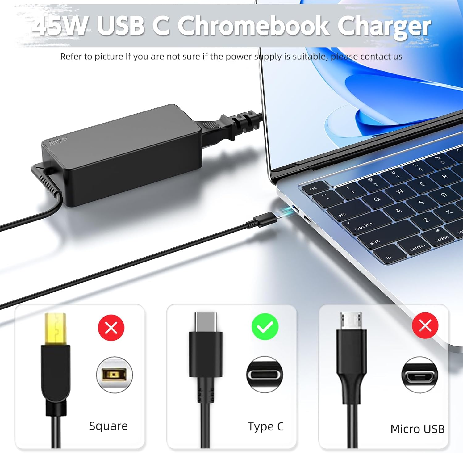 45W USB C Chromebook Charger Compatible with HP Chromebook, Lenovo Chromebook ThinkPad/Yoga, Asus, Acer, Dell Latitude, Samsung Laptop; Universal Type C Chromebook Power Supply Cord Replacement USB C Tip image 2 of 7 B07BH4QGHZ