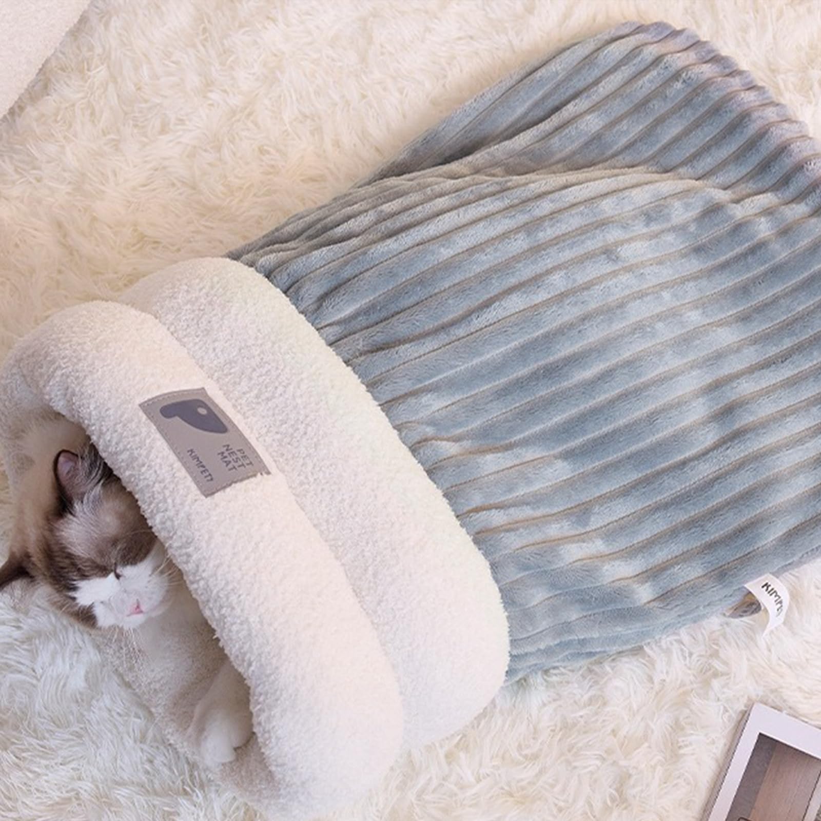Cat Sleeping Bag for Indoor Cats?Soft Plush Cat Sack? Self Warming Cats Cave Bed, Pet Snuggle Sack for Kitten Puppy(Blue, Large 21