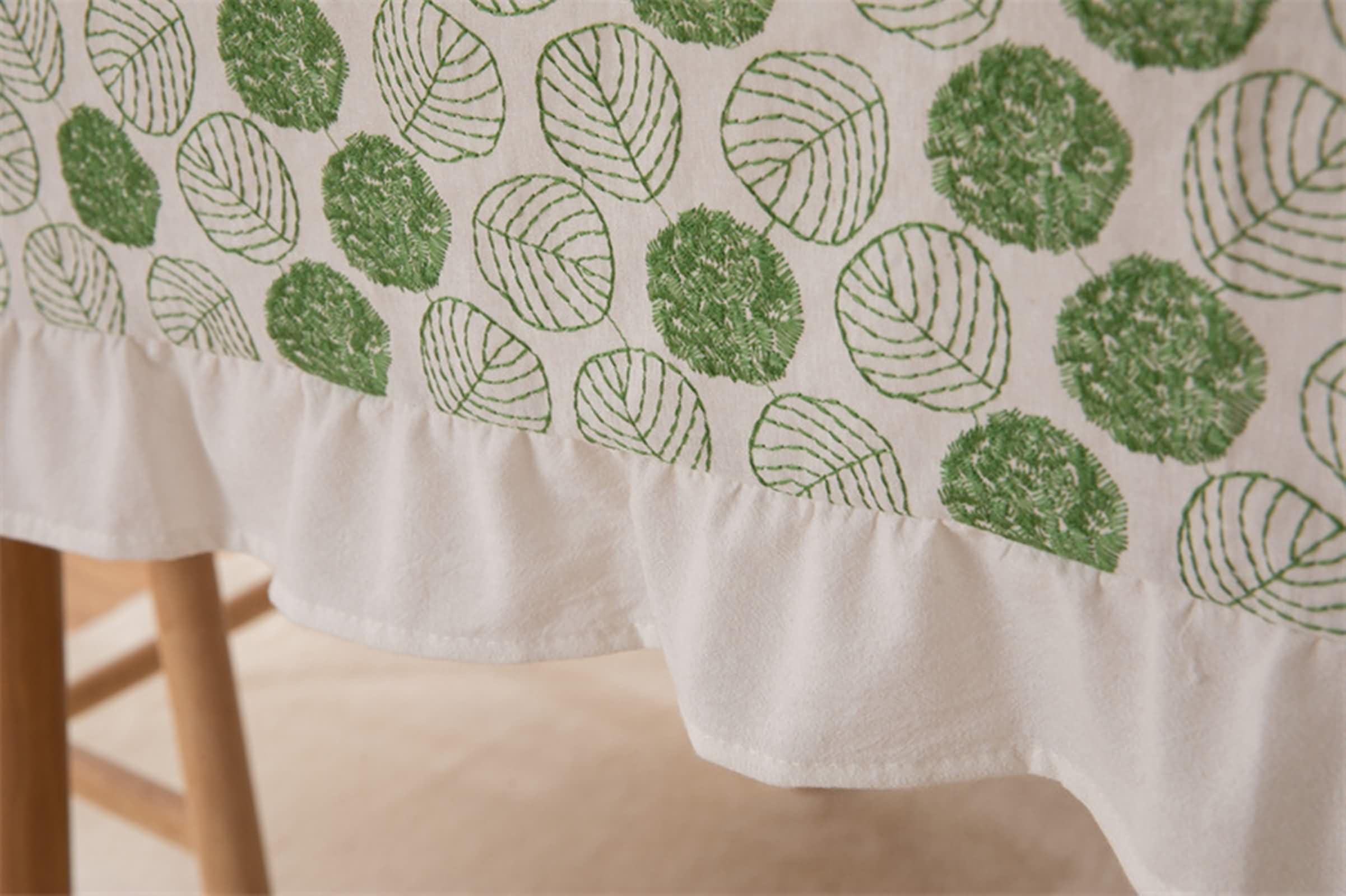 Mantel Rectangular Verde Antimanchas y Lavable Jardín, Patrón de Hojas con Volante, de Algodón Lavable, 140 x 300 cm, Mantel para Jardín y Terraza