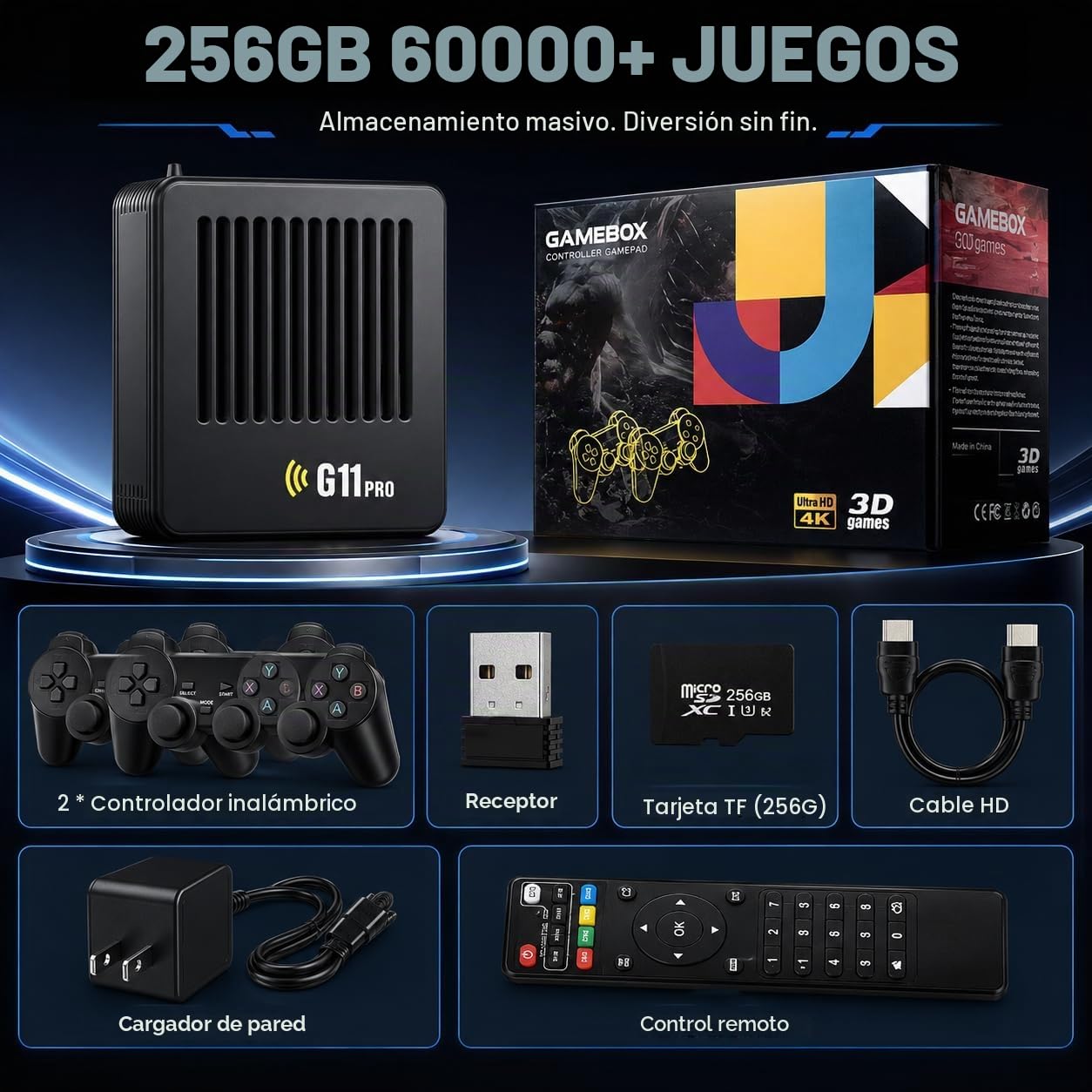 Caja de Juegos G11 Pro con 100000 Juegos, Consola de Videojuegos Plug and Play con 2 Mandos Inalámbricos, Almacenamiento de 256GB