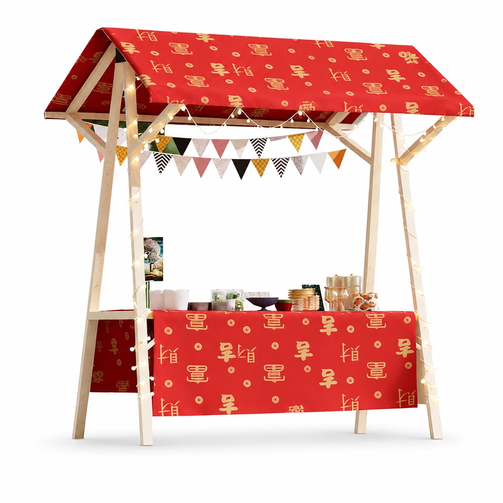 SBCWH Farmers Market Stand with Wheels, Foldable Wooden Vendor Booth Cart, Portable Lemonade Stand with String Lights & Bunting Flags, for Market, Party, Retail Display(Red,120cm/47in)