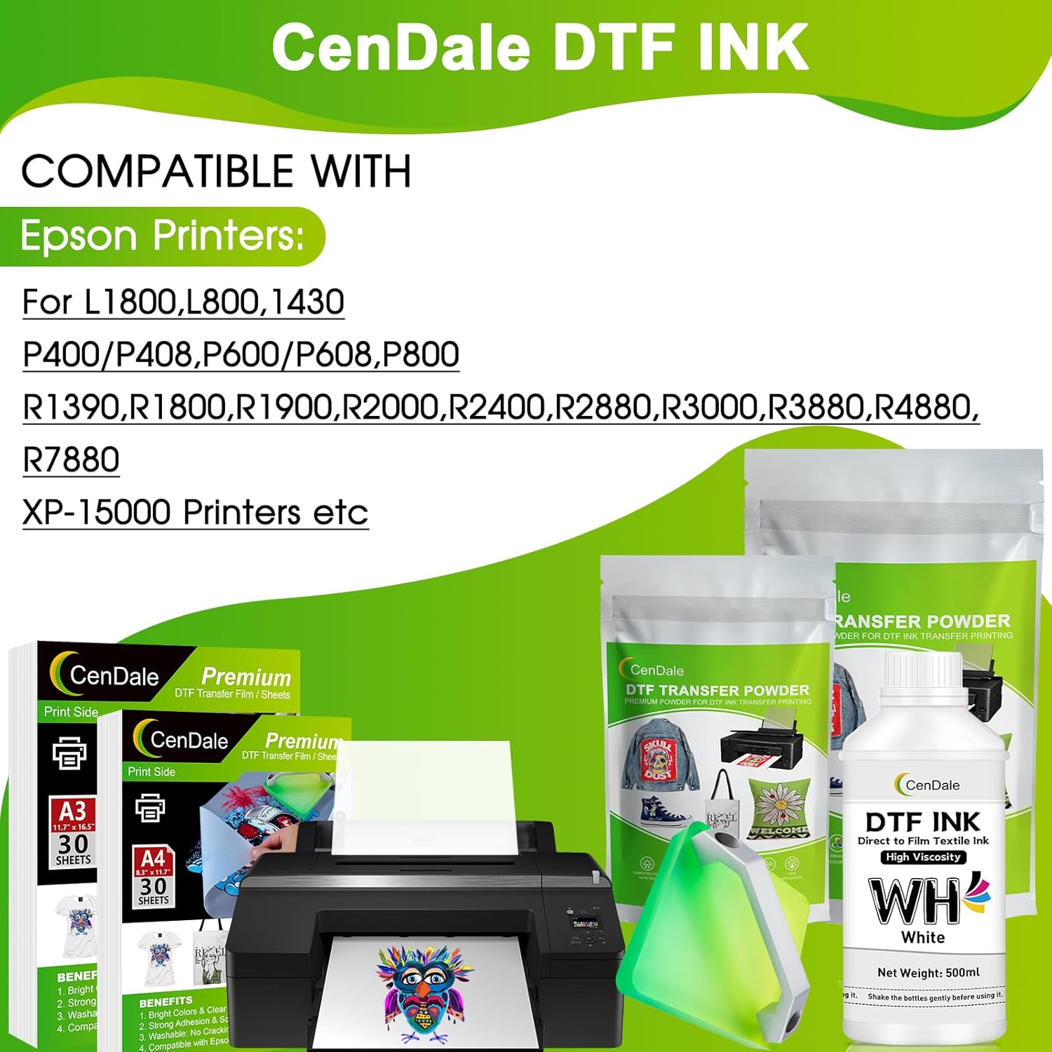 CenDale DTF White Ink 500ML - Upgraded High Viscosity, No Sediment DTF Ink for ET-8550 XP-15000 L1800 L805 R1390 R2400 DTF Printers, Heat Transfer Printing Direct to Film, Great Fluency, Clog Free