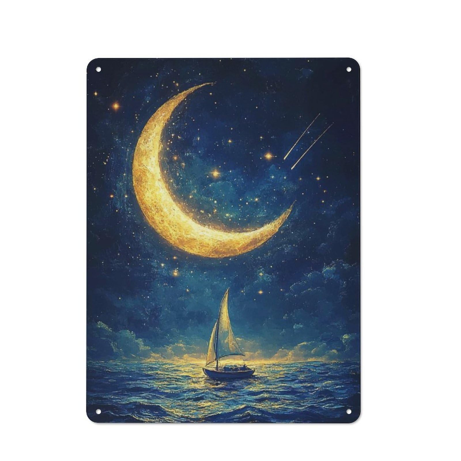 Junmoney Sailboat Under Crescent Moon Metal Plaque 40X30cm With For Hallway Wall, Rustic Decor, For Garage, Workshop And Man Cave Decoration