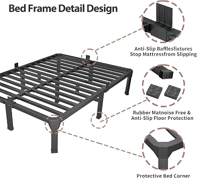 ROIL 14 Inch Queen Size Bed Frame with Mattress Slide Stopper - Double Black Basic Anti Squeak Steel Slats Metal Platform, Heavy Duty Noise Free Easy Assembly Bedframes, No Box Spring Needed