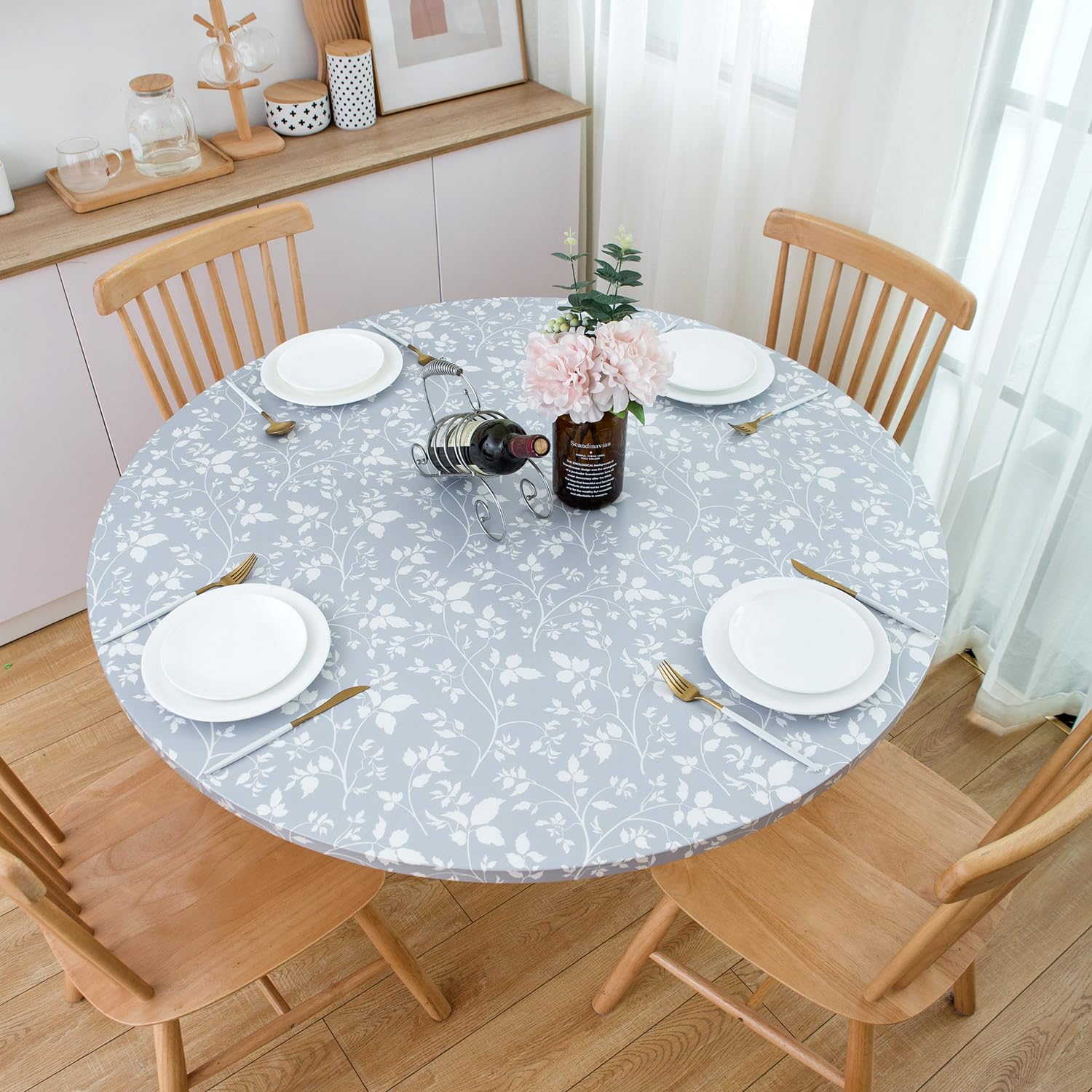 NLMUVW Round Fitted Vinyl Tablecloth with Elastic Edge 100% Waterproof Oil Proof Super Elastic Table Cloth Wipe Clean Table Cover for Indoor and Outdoor, Grey Leaf, 37"- 54"