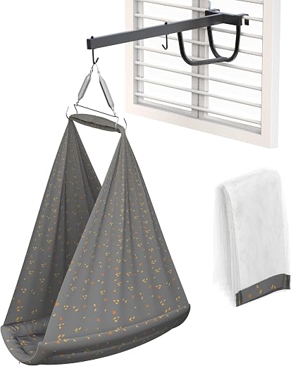 Cherilo Baby Swing Cradle(Jhula) with Mosquito Net, Spring Hanger &amp; Metal Window Cradle Stand - Grey Leaf - Full Set