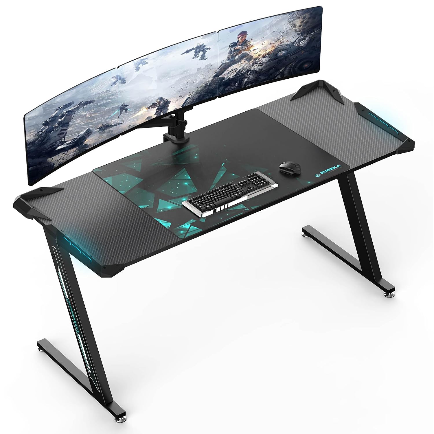EUREKA ERGONOMIC Z60 Gaming Desk, 60" Z Shaped Gaming Computer Desk PC Table with RGB Led Lights New Mouse Pad, Carbon Fib...