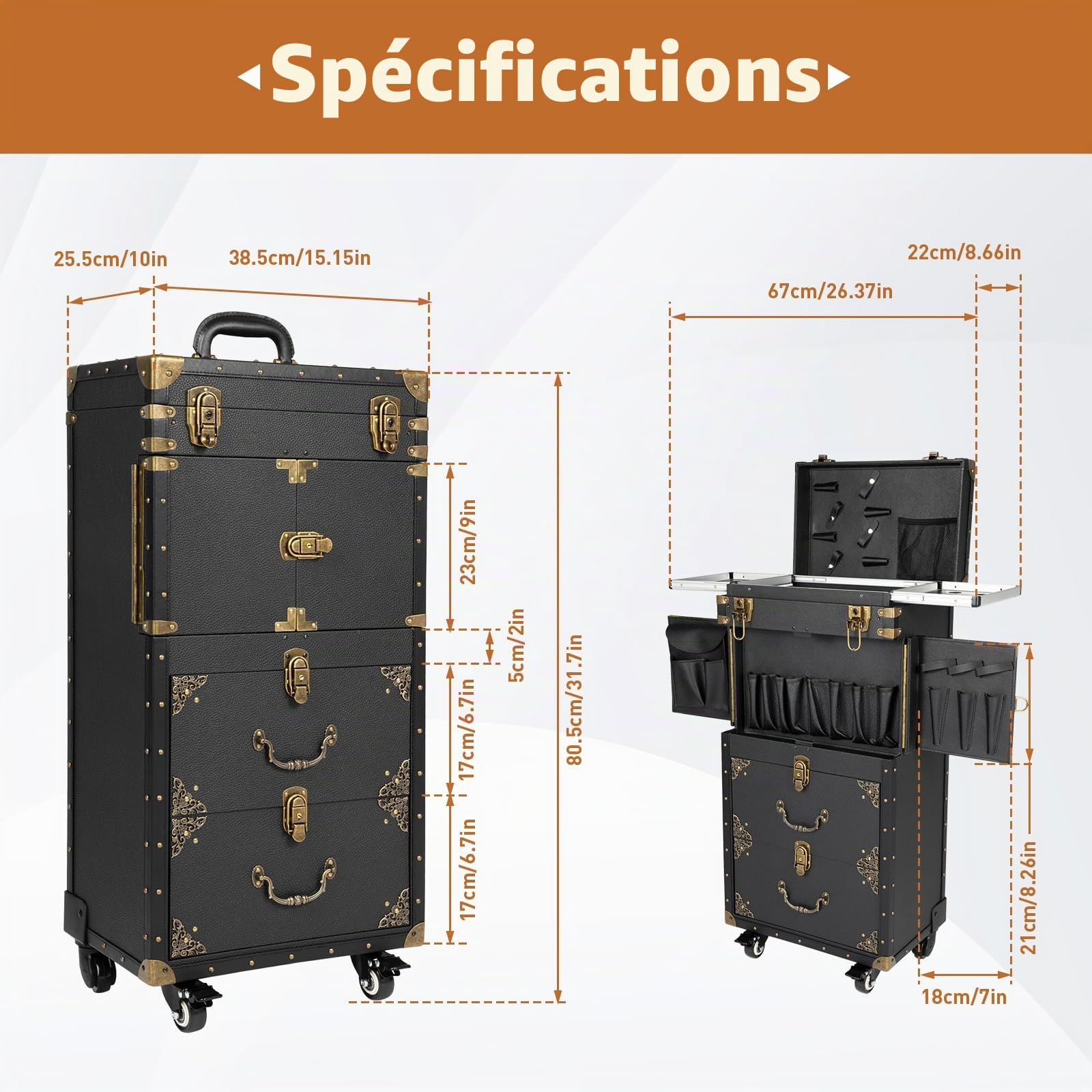 Valise de Maquillage à roulettes avec SèChe-Cheveux Support | Malette Professionnelle pour Onglerie et Coiffure avec 3 Tiroirs et Système de Verrouillage, Plusieurs Compartiments, Noir