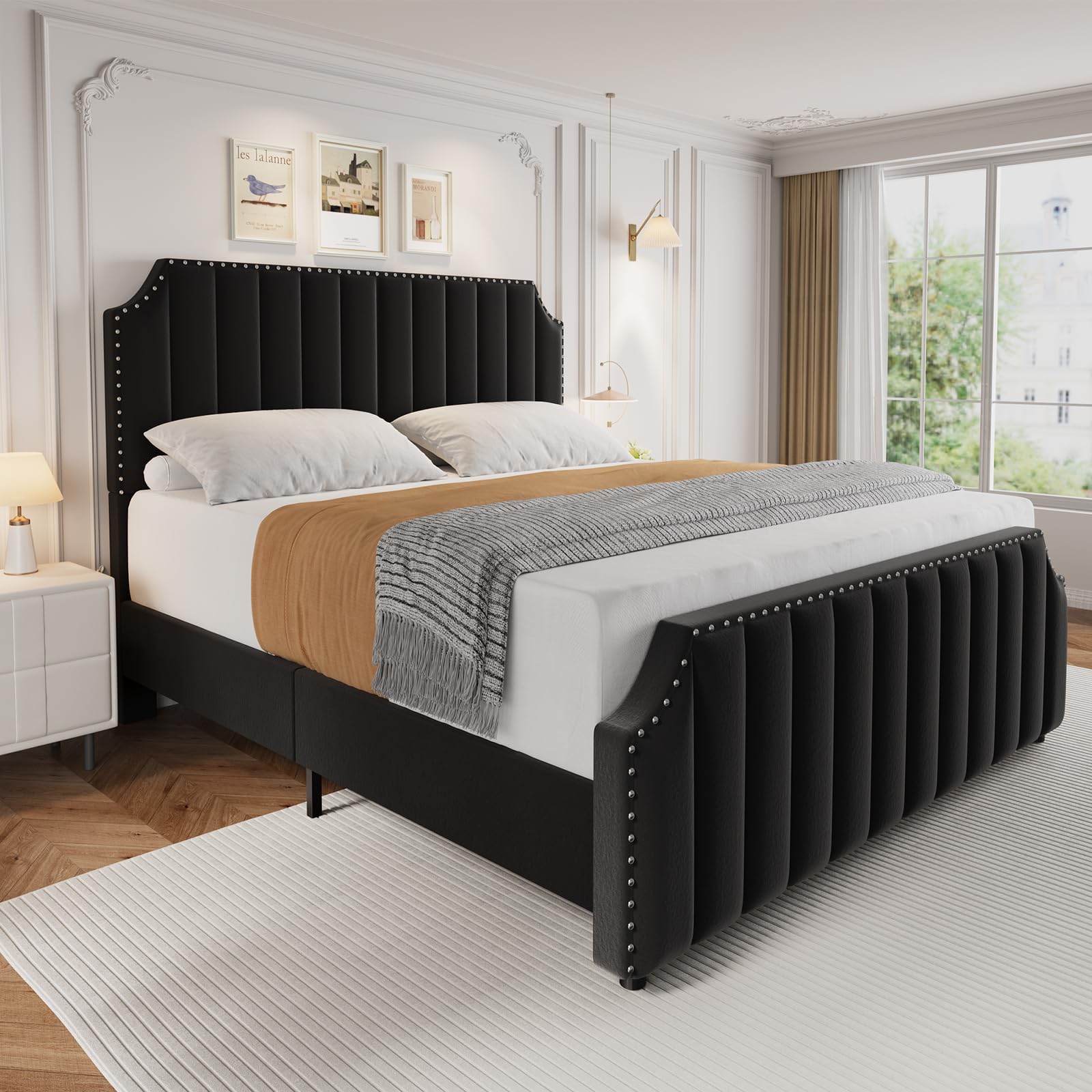 coucheta Velvet Upholstered Bed Frame with Tall Headboard &amp; Footboard