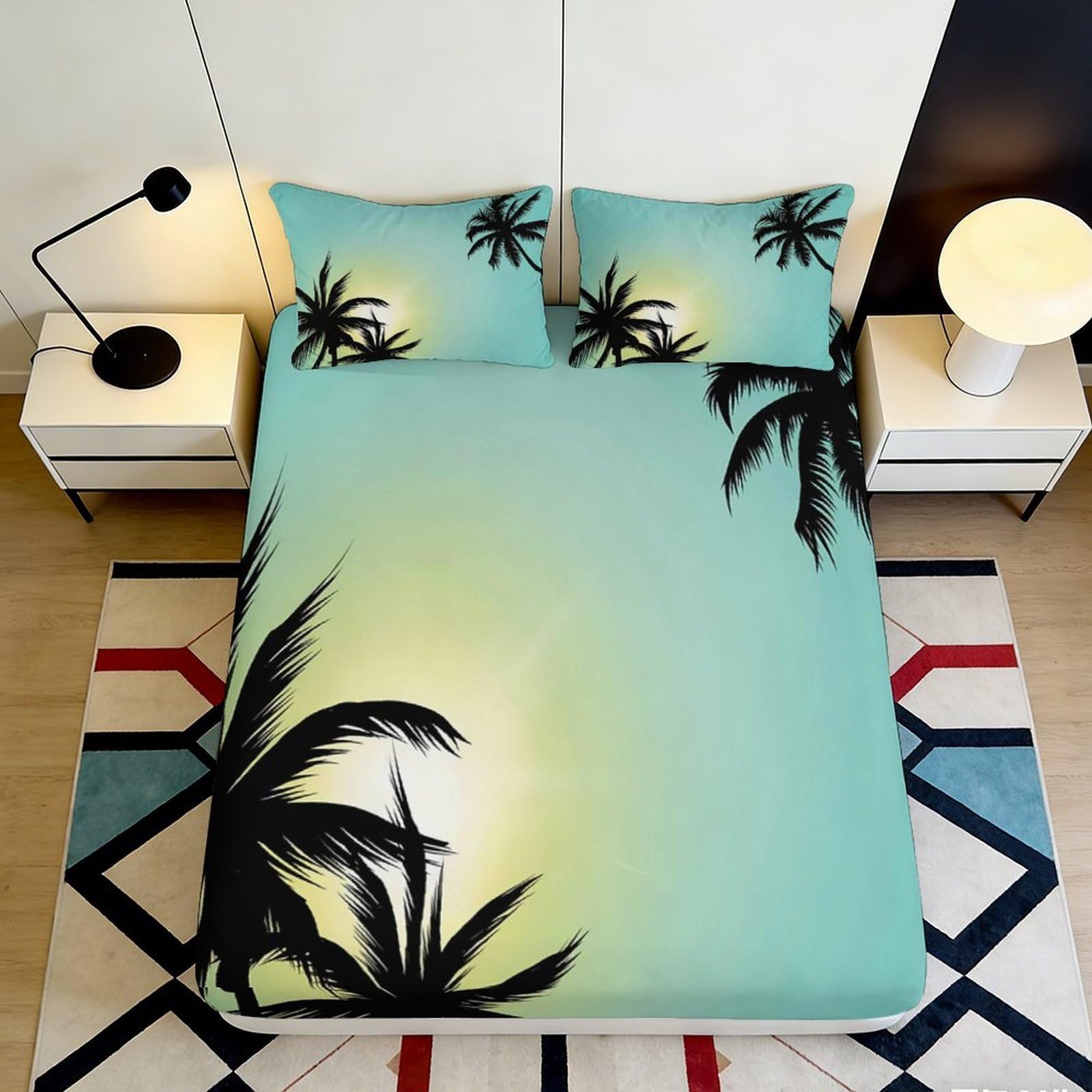 Tropical Decor 3D Printed Fitted Sheet Palm Tree Bed Cover Soft Touch Microfiber, Wrinkle Resistant, Home Bedroom Apartment Bedding, Easy Care, 110x200cm 90x200x25cm