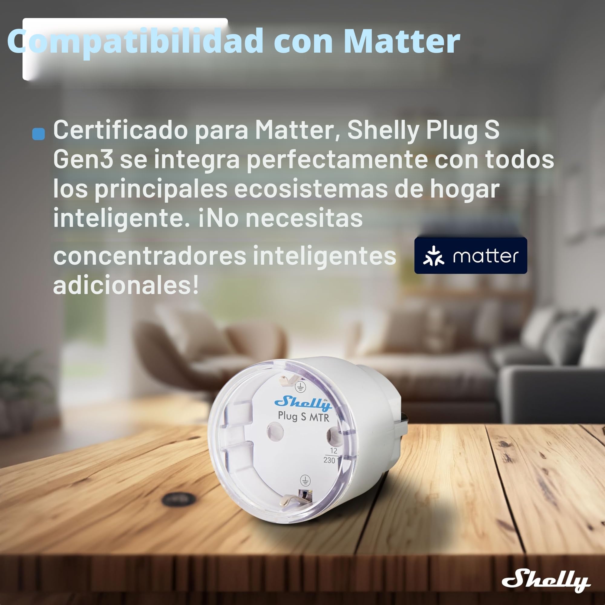Shelly Plug S MTR Gen3- Blanco, Enchufe Inteligente Wi-Fi con Matter, Con Medidor de Consumo y Indicador LED, Control Remoto por App y por Voz, Alexa, Google Home,SmartThings