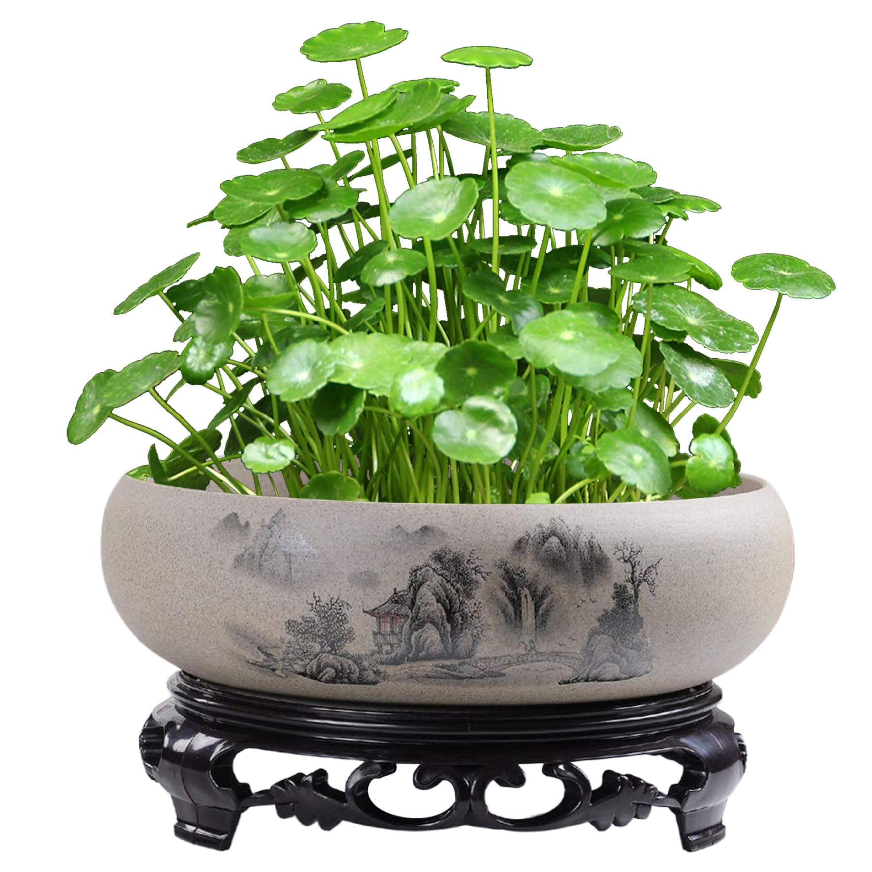 Peosaard Lotus Bowl Planter Landscape Pattern Ceramic Lotus Bowl 7x3in Round Shallow Hydroponic Planter with Base for Water Lily