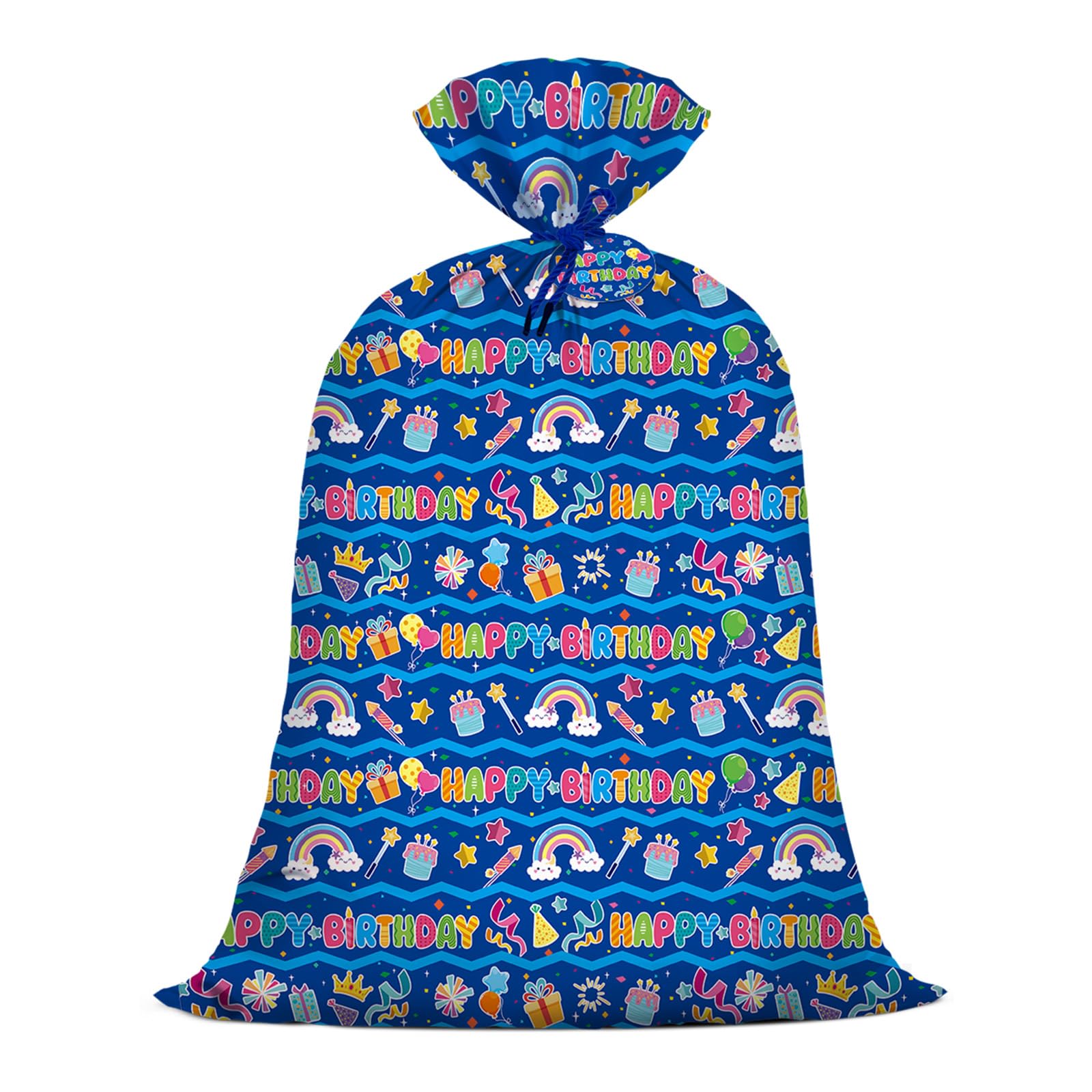 Extra Large Blue Birthday Plastic Gift Bag for Kids Boys 56x36 Inch Jumbo Present Wrapping Bag with Rainbow and Cake Design for Birthday Party Oversized Presents Decoration