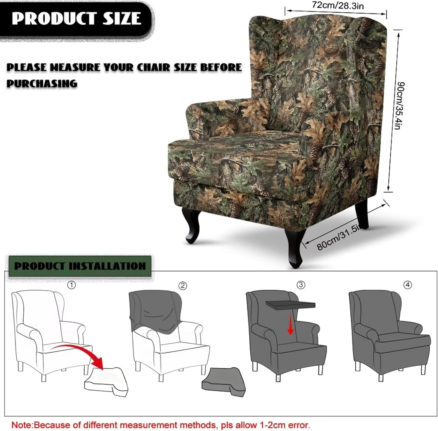 ZDCUSTOM Hunting Camo Wing Chair Slipcovers 2 Pieces Stretch Spandex Wingback Chair Covers Washable Non-Slip Furniture Protector with Elastic Bottom for Living Room Bedroom