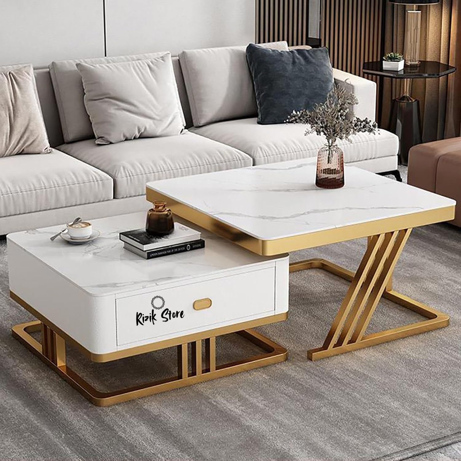 RIZIK STORE™ Iron Frame Handmade Drawer Square 20"x20" Coffee Table/Nesting Table/Side Table/Center Table with Engineered Wood Top for Living Room/Drawing Room/Balcony ((Gold, 20"x20"))
