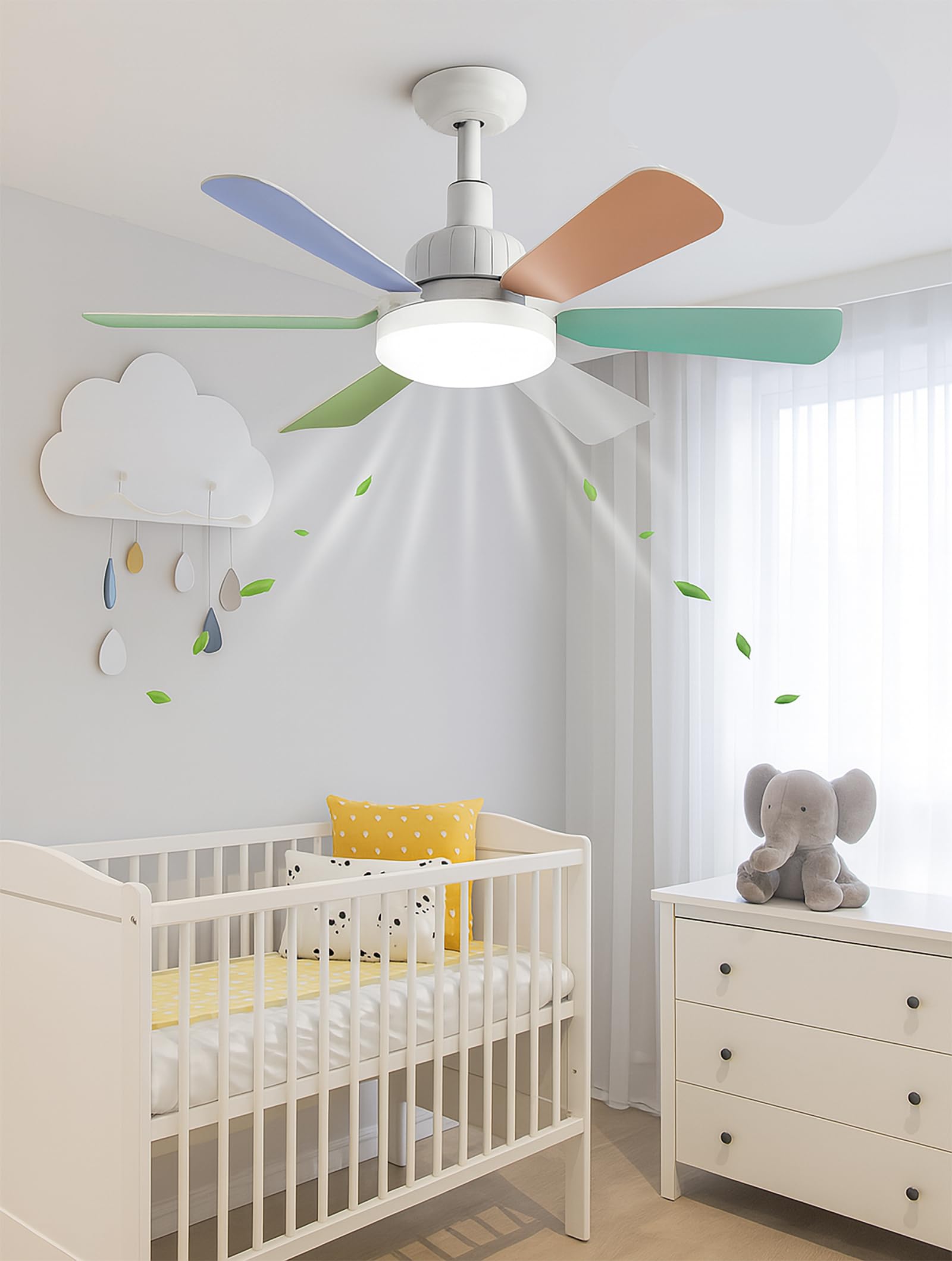 Wentylator sufitowy LED 46 cm z pilotem, gniazdo śrubowe E27, 3 prędkości wiatru, 3 tryby kolorów, funkcja timera, cichy silnik bezszczotkowy, 6-łopatkowy wentylator sufitowy do sypialni, salonu