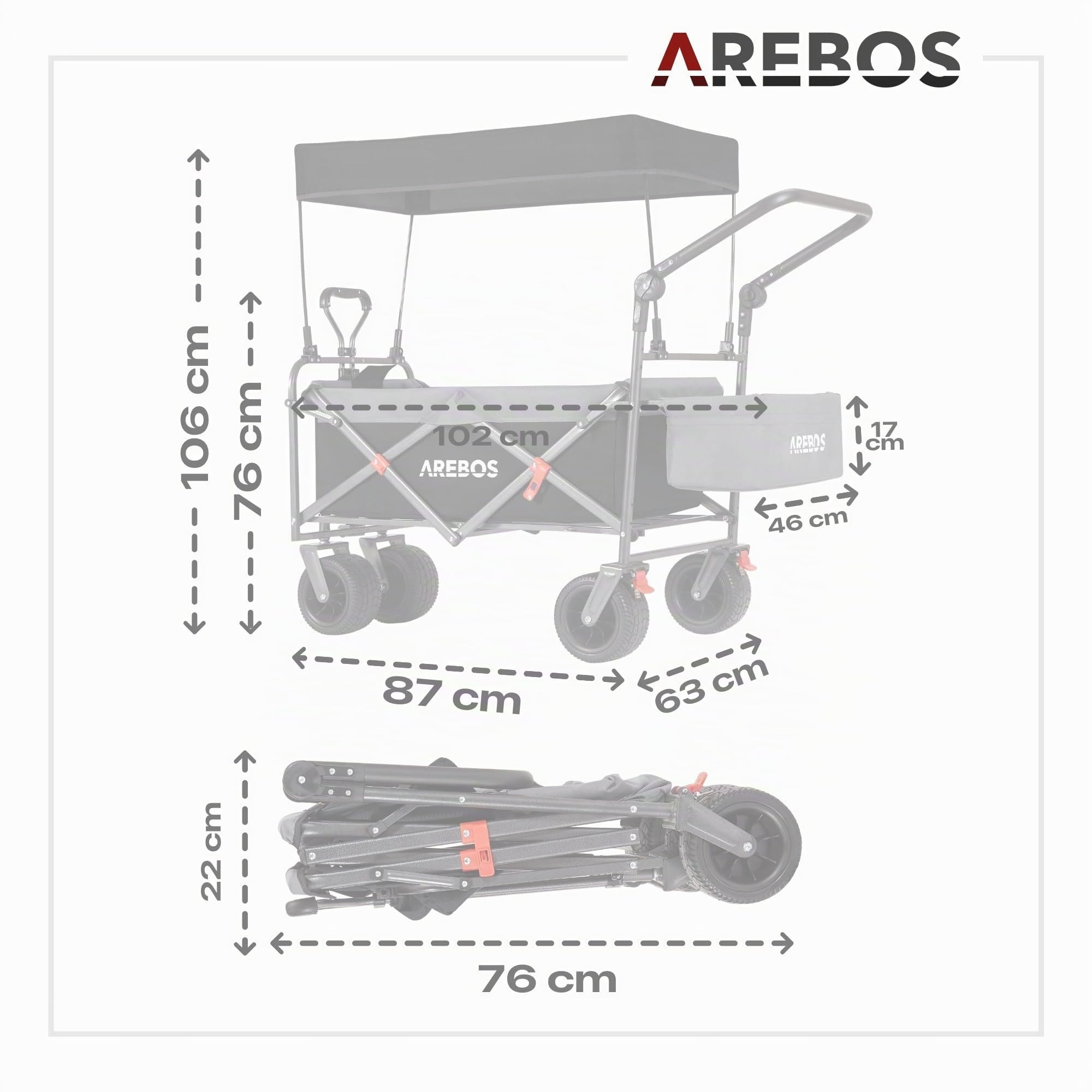Arebos Chariot de Transport Pliable avec Toit | Chariot de Luxe | Chariot de Transport | Pliable | Chariot à Main de Luxe | Chariot à Outils | Sac XXL | capacité de Charge de 100 kg | Noir