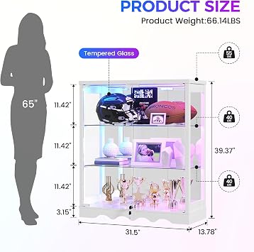 Dystler RGB Display Cabinet with Glass Doors - 39 Tall Curio Cabinet with Lock & Adjustable Shelves, 3-Tier Display Case with Lights, for Collectibles/Figure/Helmet/Football, White