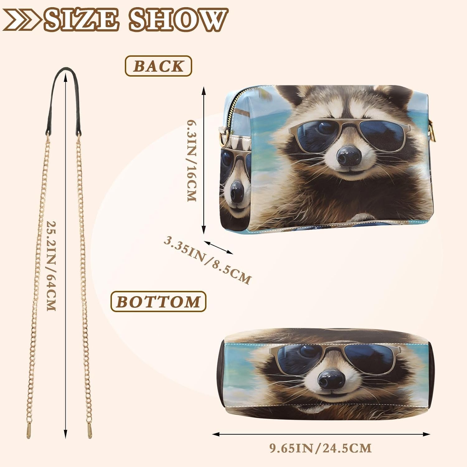 Beach Raccoon Women's PU Leather Crossbody Bag Shoulder Handbag Cellphone Purse with Metal Chain Strap Water Resistant Zipper Closure