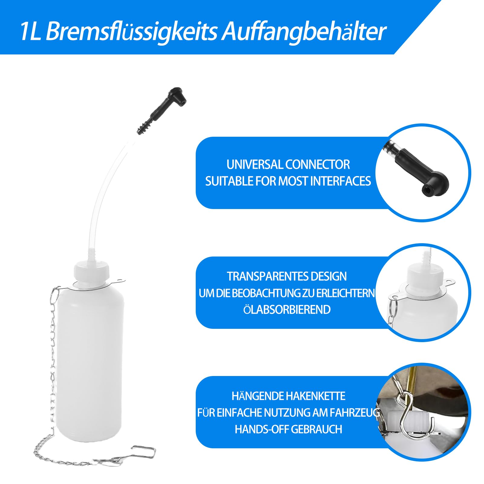 3L Bremsenentlüftungsgerät und 1L Bremsflüssigkeits Auffangbehälter – Manuelles Kit für Bremsflüssigkeit Wechsel & Entlüften, E20 Adapter für meisten europäischen Autohauptzylinder (4 Adaptern)