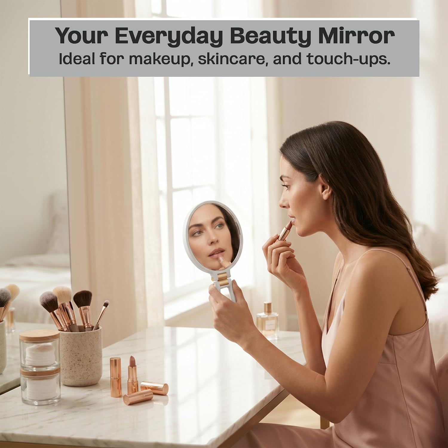 DC Danielle Round Soft Touch Handheld Mirror, White & Gold, 1x/10x Magnification, Compact Portable Vanity Mirror for Makeup, Travel, & Skincare, 5.51 x 0.39 x 9.45 in