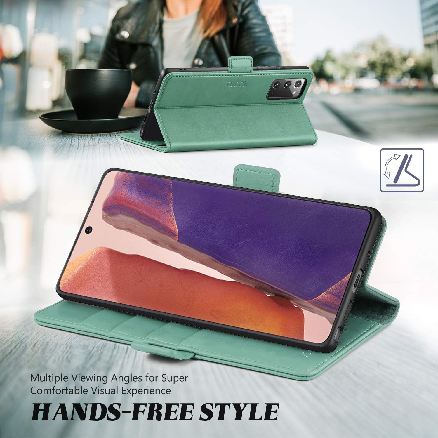 TUCCH Galaxy Note 20 Wallet Case, Galaxy Note20 Stand Flip Cover, Folio PU Leather [Shockproof TPU Inner Case] with Wireless Charging RFID Card Holder Compatible with Galaxy Note 20 6.7”, Myrtle Green