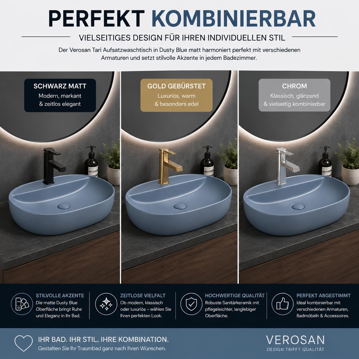 Verosan Tari Aufsatzwaschtisch Dusty Blue matt 60,5x40x12 cm – modernes Aufsatzwaschbecken aus Sanitärkeramik – ovaler Waschtisch mit Hahnlochbank – Waschbecken Bad ohne Überlauf