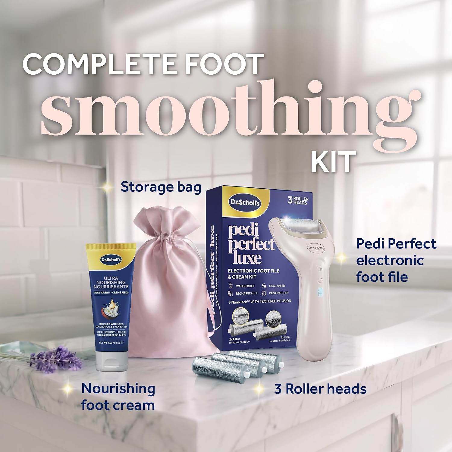 Dr. Scholl's Pedi Perfect Luxe - Electric Foot File & Nourishing Cream Pedicure Kit, Removes Hard Skin for Soft Smooth Feet, Waterproof, Rechargeable with 90-Minute Run Time, Includes x3 Roller Heads