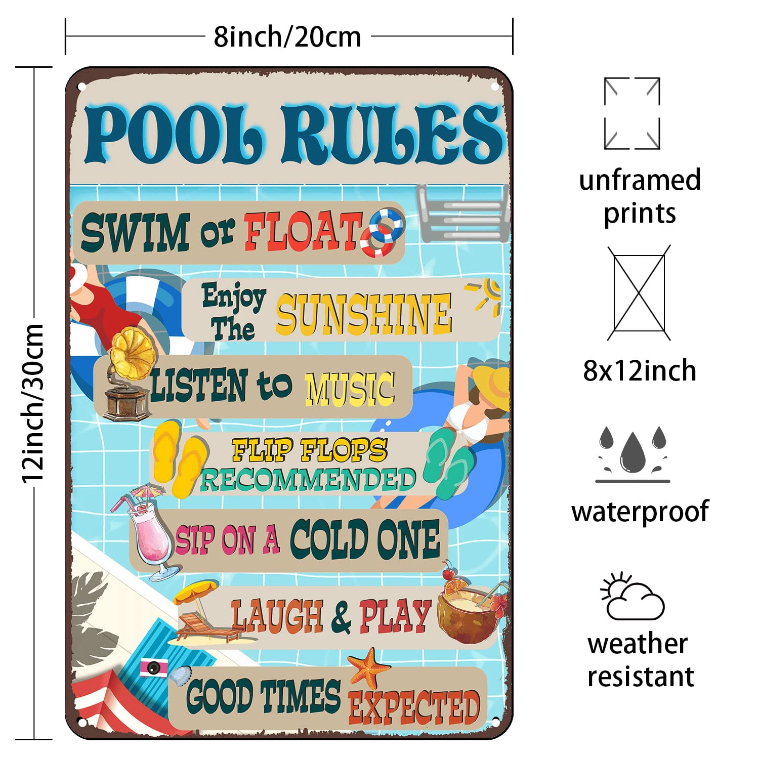 Plaque Vintage Rétro En étain Avec Règles De Piscine - 30,5 X