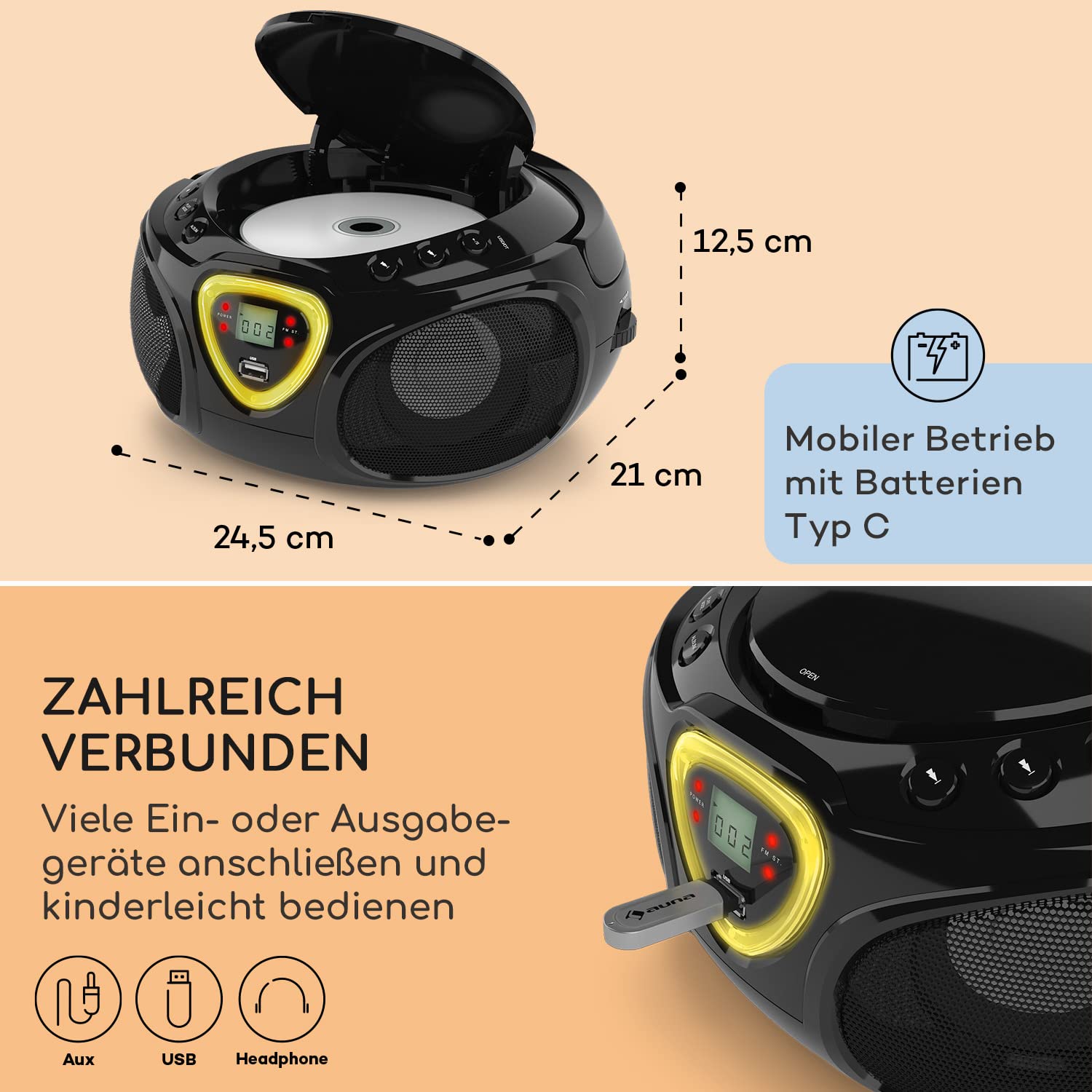 auna Roadie - CD-Radio, Stereoanlage, Boombox, USB, MP3, UKW-Radiotuner, Bluetooth 2.1, LED-Beleuchtung, 2 x 1,5 W RMS-Leistung, Netz- und Batterie-Betrieb, schwarz