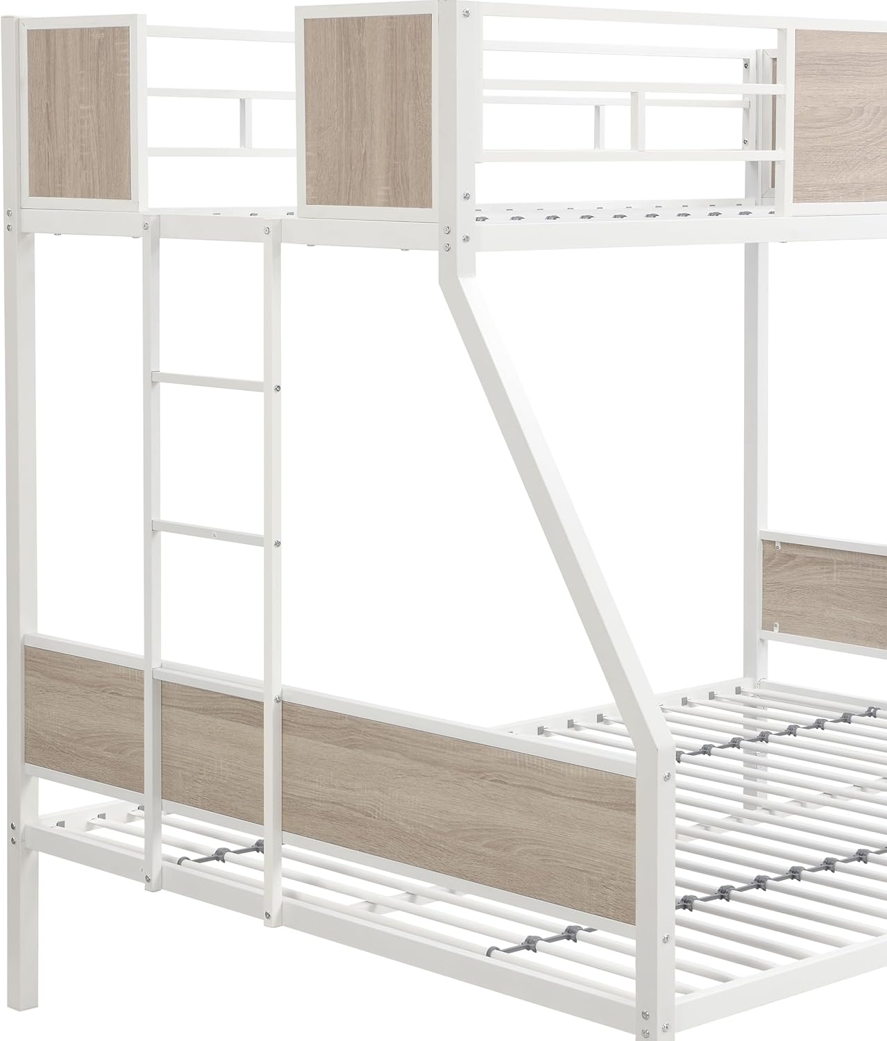 Twin Over Full Bunk Bed with Trundle Bed, Heavy Duty Bunk Beds with Headboard, 2 Side Ladders and Full Length Guardrail, Twin Over Full Bunk Bed for Kids, Teens, Noise-Free Design, White Brown