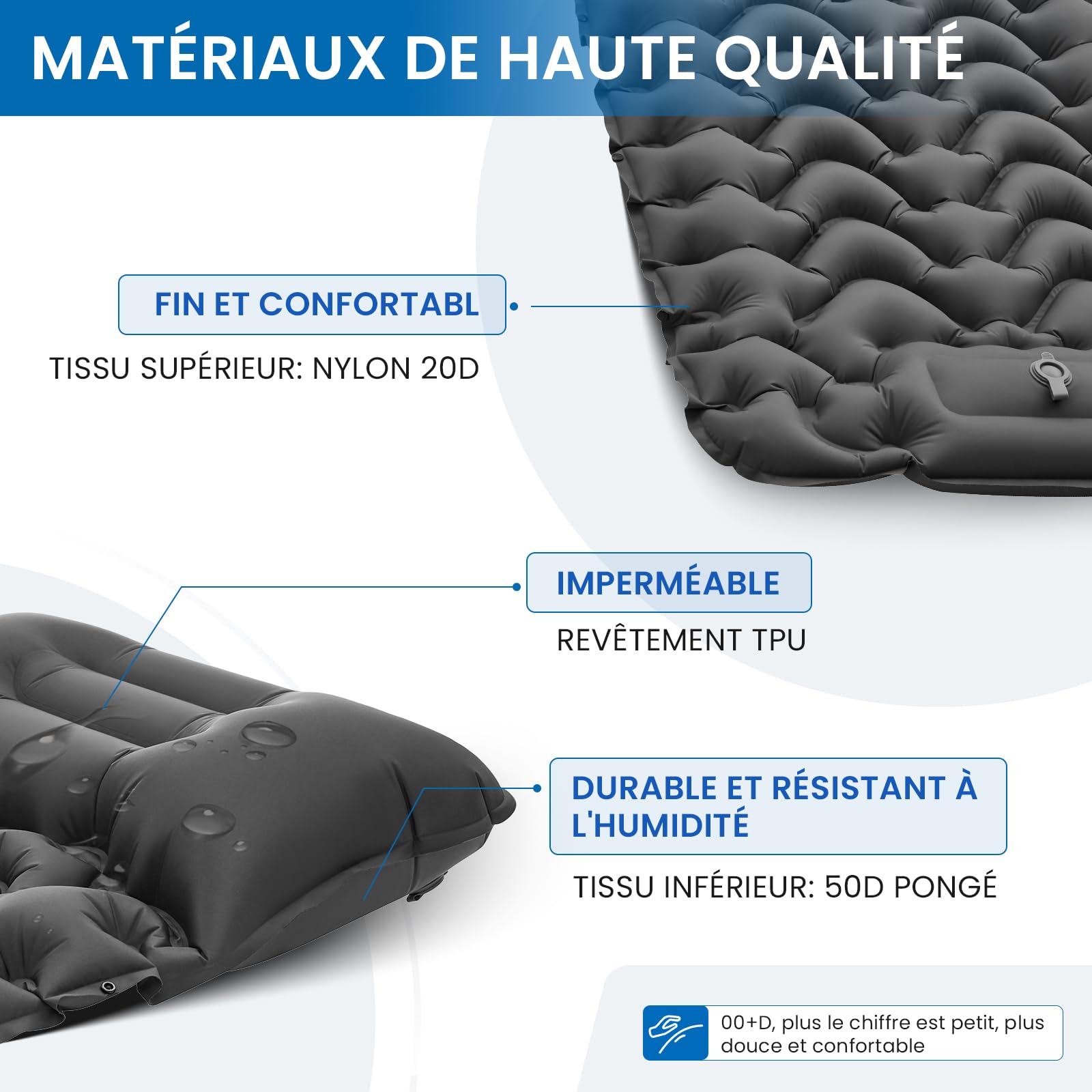 KingCamp Matelas De Camping Gonflable 2 Personnes Ultraléger Avec Oreiller Et Pompe Intégrée - Tapis Double Portable