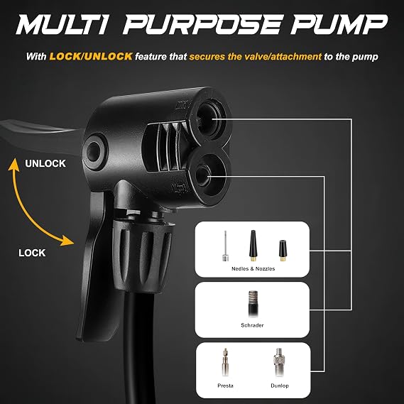 BYKING Universal Mini Bike Pump, Portable Air Pump for Ballons, Tyres, Ball and Toys Inflatables, Cycling Floor Pump with Presta. Schrader and Dunlop valve, Bicycle Foot pump