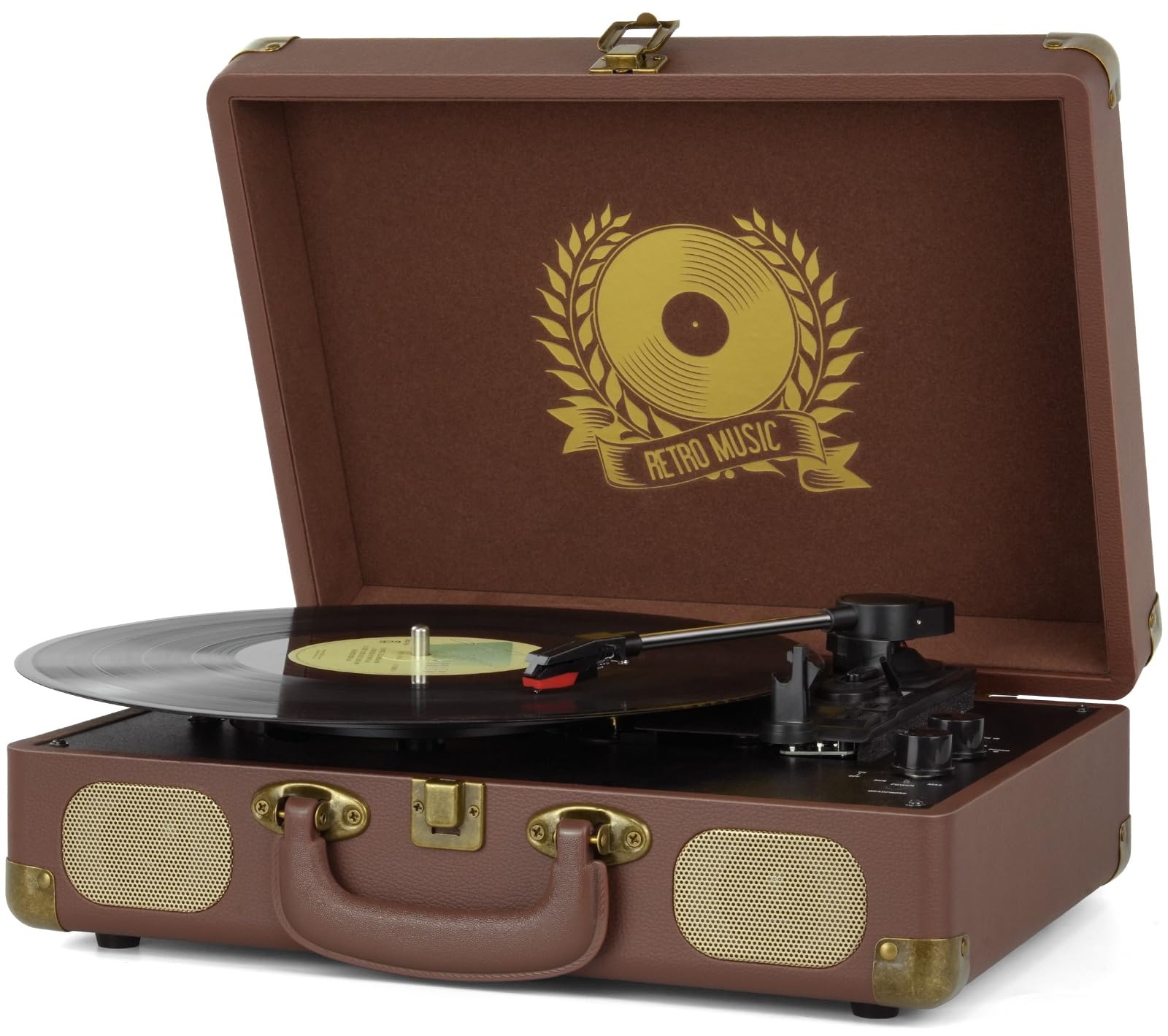 Vinyl Record Player Bluetooth Turntable 3-Speed Suitcase Portable Vintage Belt-Driven Record Player with Built-in Speakers RCA Line Out AUX in Headphone Jack,Brown