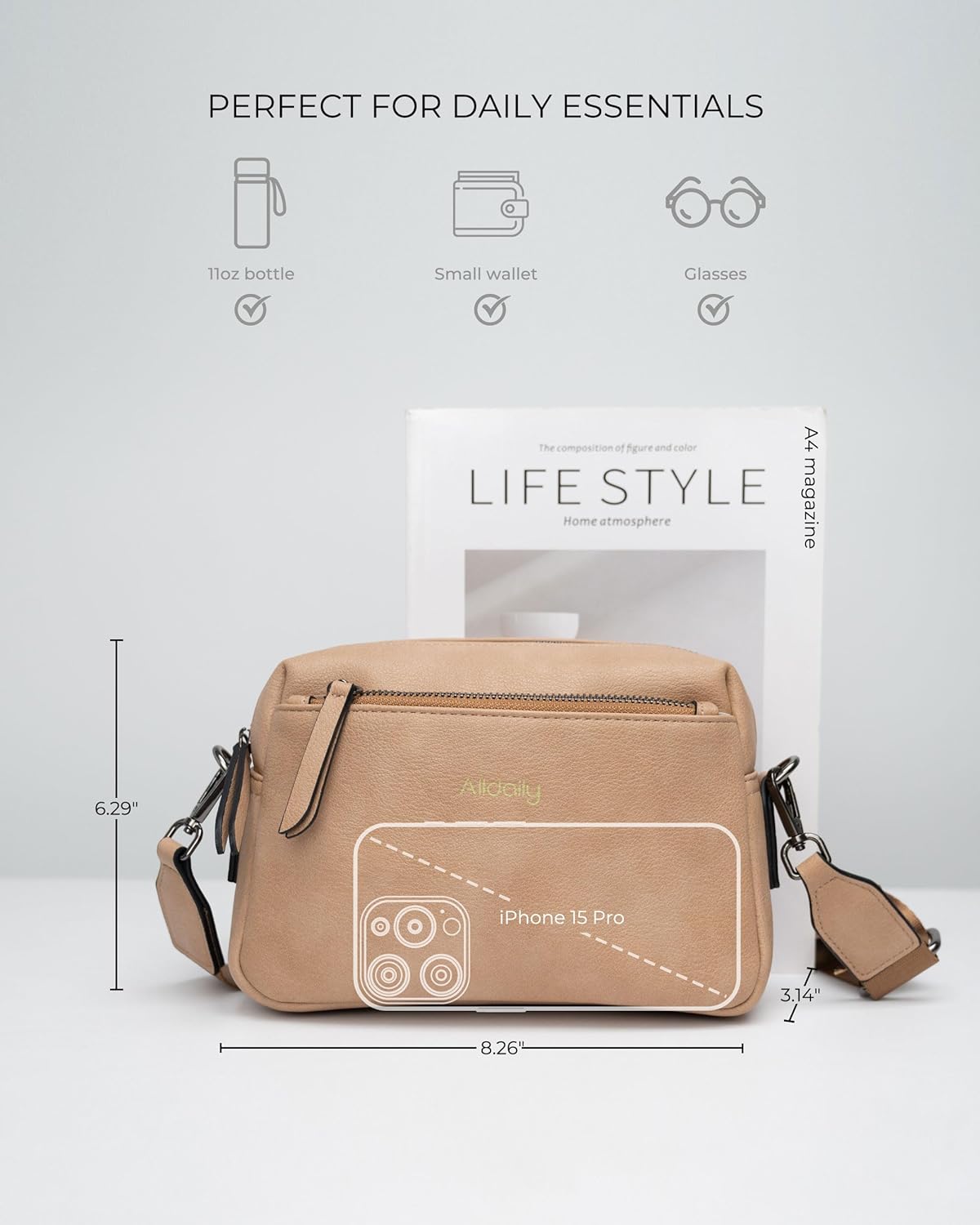 Alldaily Small Triple Zip Crossbody Purse for Women, Vegan Leather Phone Bag with Wide Shoulder Strap - Image 5