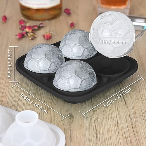 Miniatura 3 de Koilox Moldes de balón de fútbol 3D, bandejas de cubitos de hielo de silicona negra, 4 máquinas grandes de bolas de hielo con tapa, de fácil