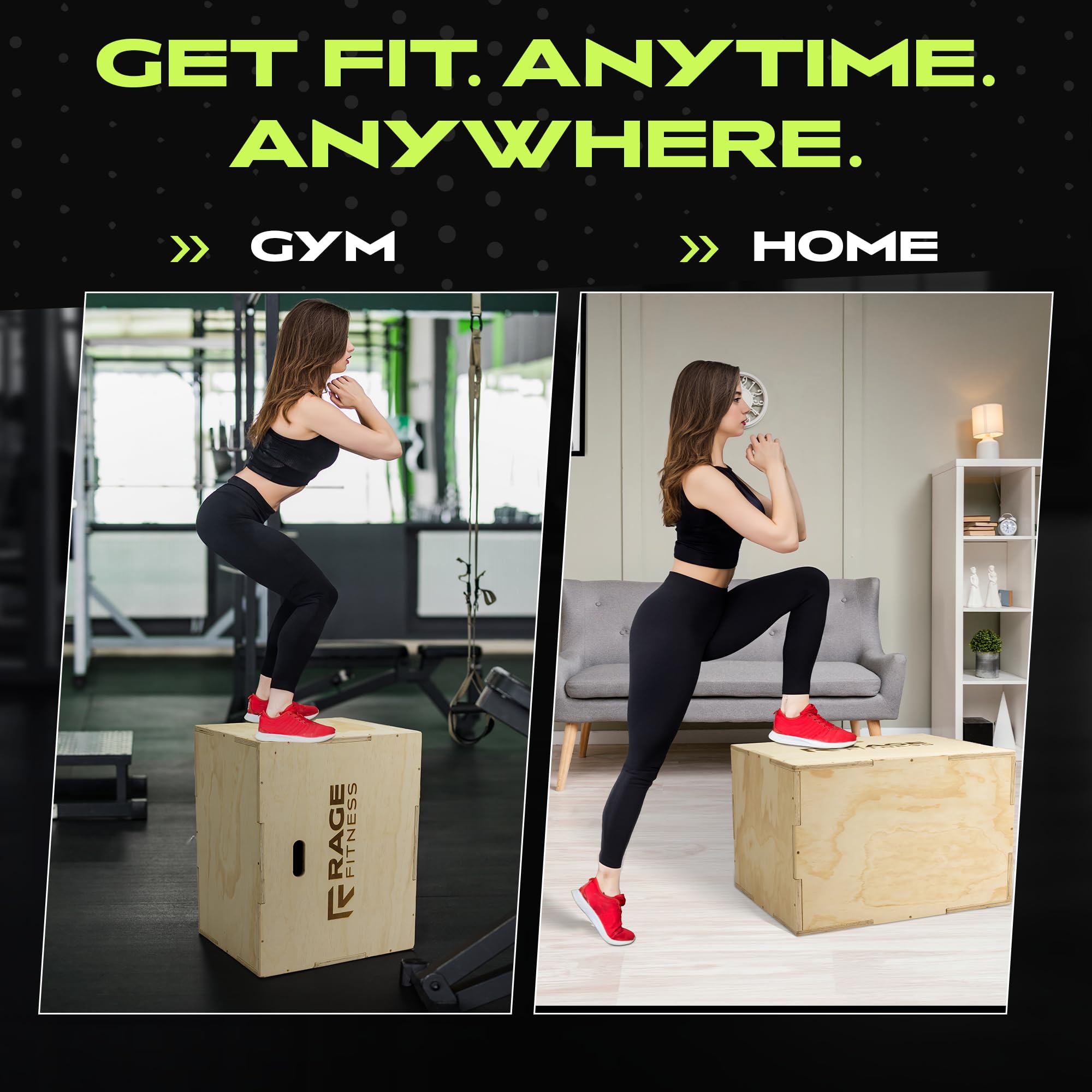 Rage Fitness Plyo Cube, scatola Plyo in legno, 3 in 1, scatola per saltare Plyo, attrezzatura per allenamento di salto, piattaforma per allenamento, blocco fitness per casa e palestra, 50,8 cm, 61 cm,