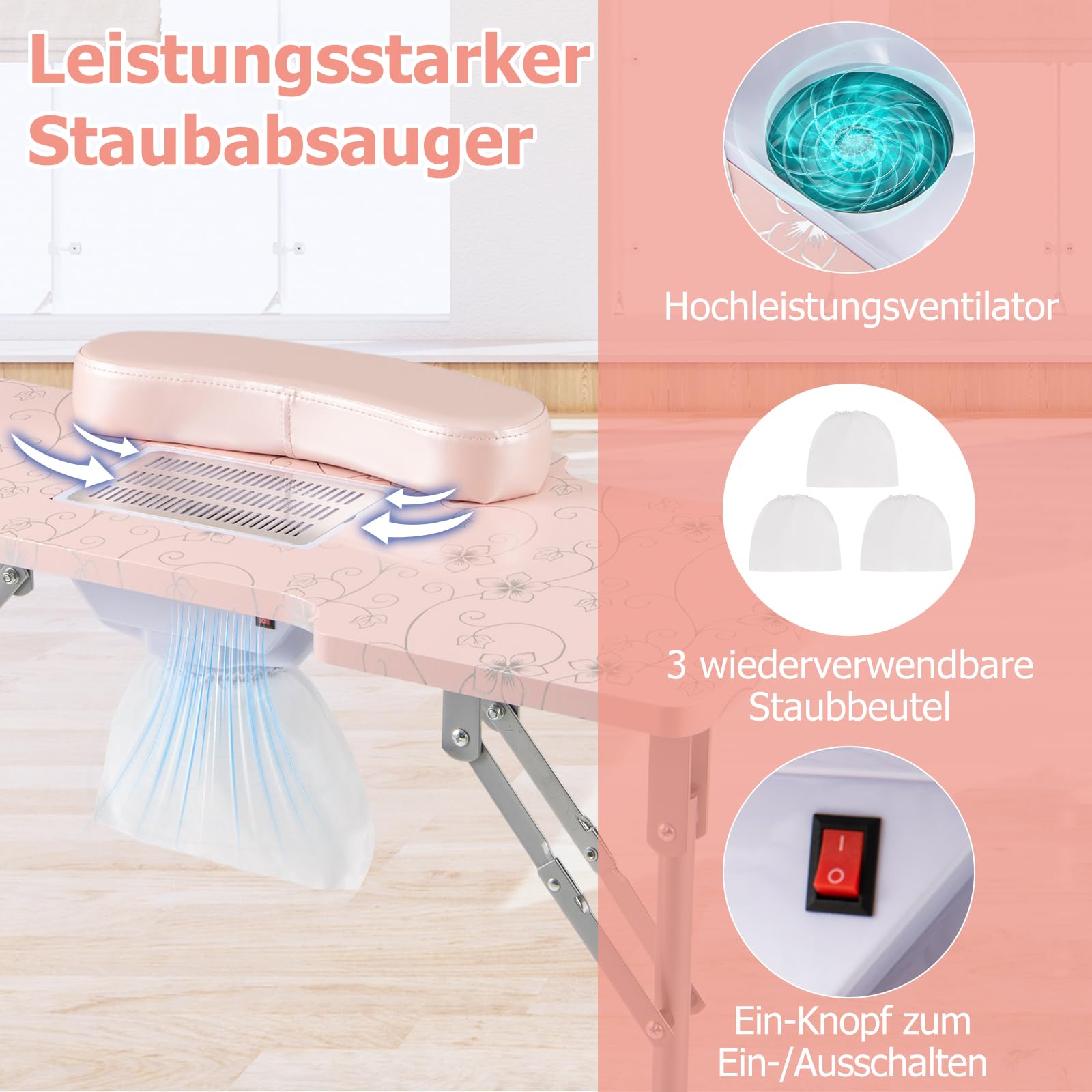 COSTWAY Mesa de manicura Plegable, Mesa de uñas con colector de Polvo eléctrico, lámpara LED, reposamuñecas y Ruedas, Mesa de manicura Efecto mármol, Incluye Bolsa de Transporte (Rosa)