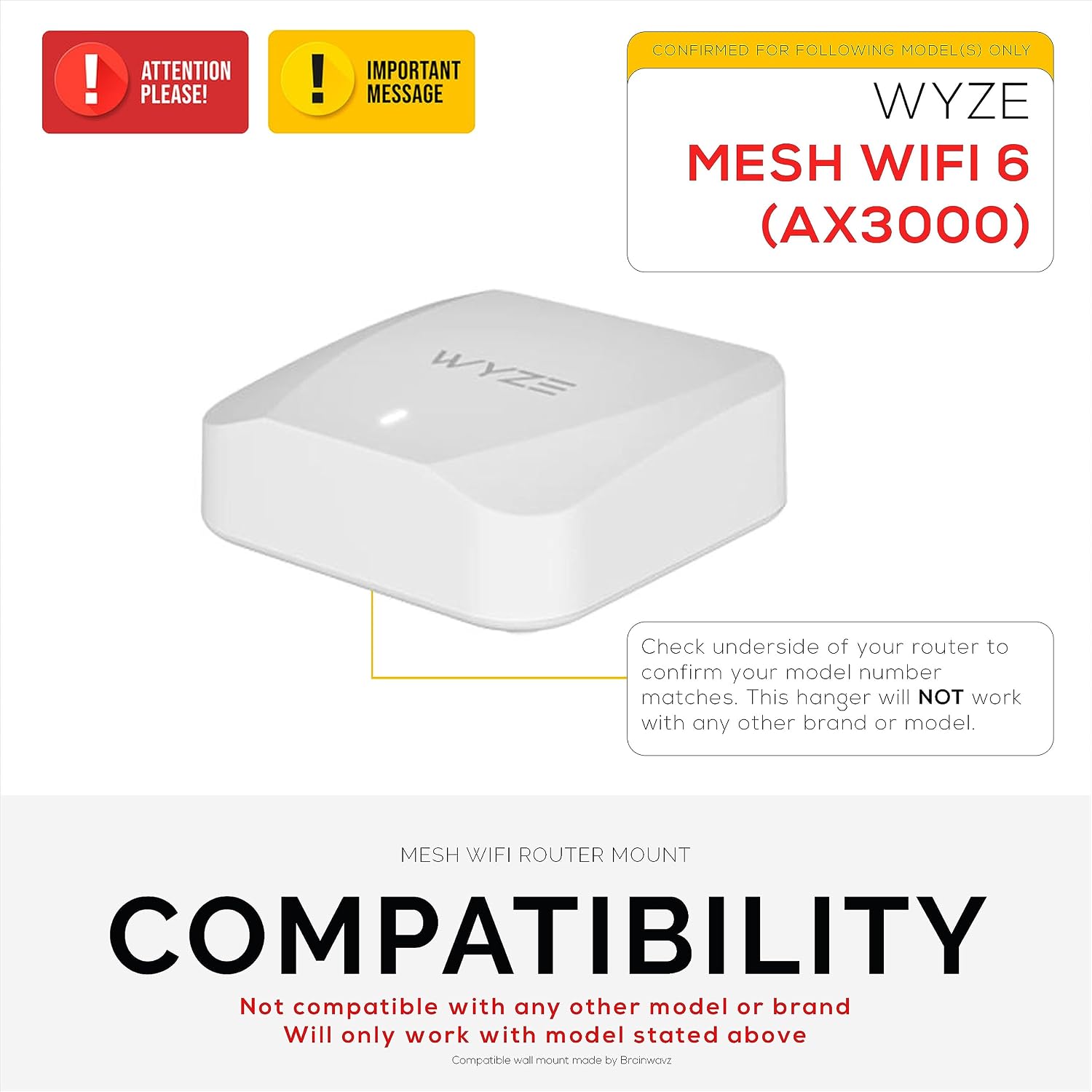 Screwless Wall Mount for Wyze WiFi 6 AX3000 Mesh Router, Strong VHB Adhesive, Easy to Install, Reduce Interference & Increase Range, Stick On & Screw-in Mounting by Brainwavz