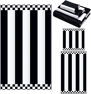 Preboun 3 Pcs Black and White Bath Towels Set Black and White Stripe Hand Towels Absorbent Fingertip Towel for Kitchen Bathroom Hotel Beach