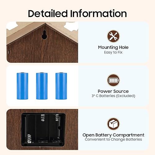 Miniatura 9 de TFCFL Reloj de pared de cuco retro, reloj de cuco con diseño de bosque animal, reloj de pared de cuarzo musical con péndulo y silenciador nocturno