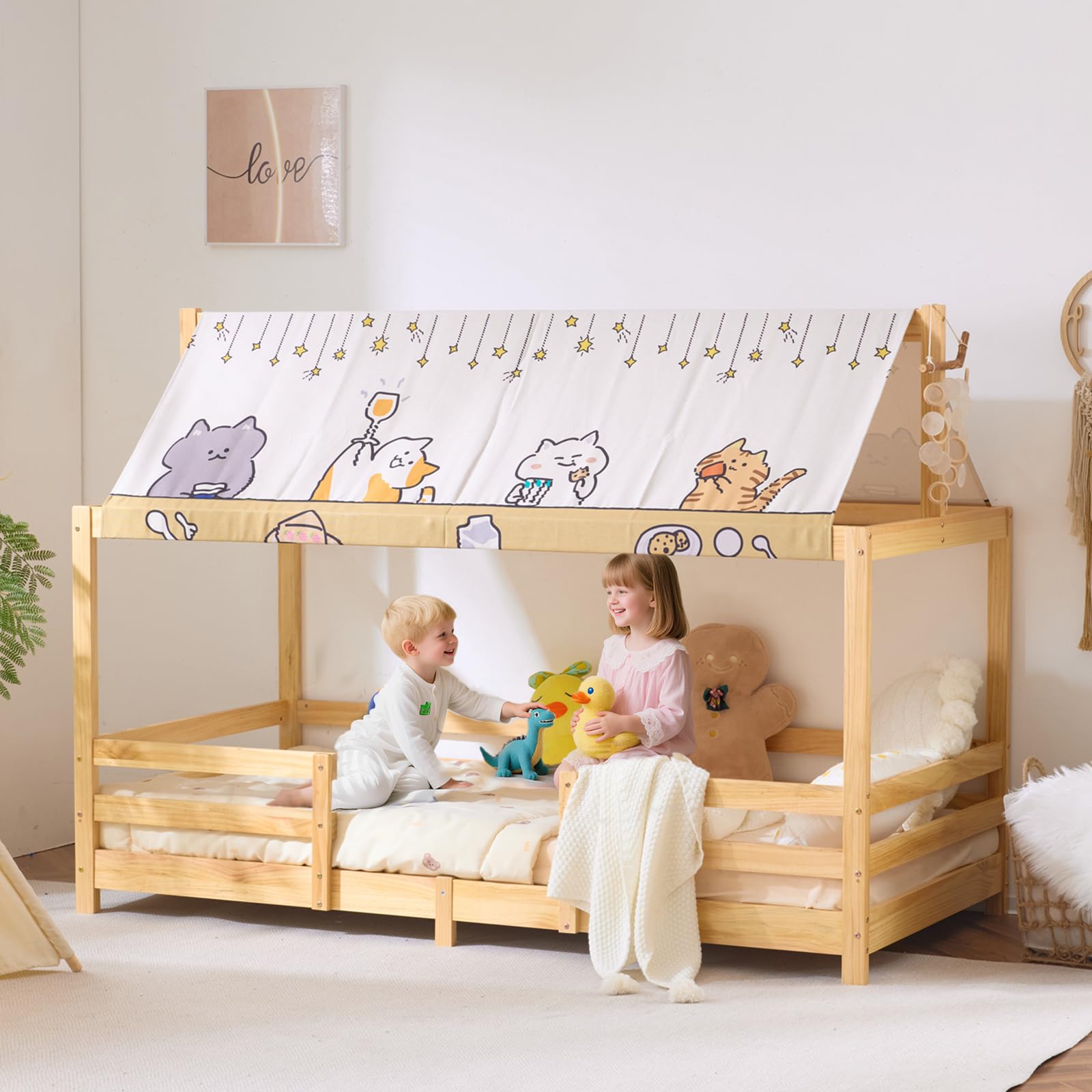 LEADZM Kinderbett Bodenbett 90x200 cm, Kinder Bett Mit Stoffhimmel | Kinderbetten inkl. Rausfallschutz & Lattenrost, Bodenbett Kinder bis 200 kg (90x200 cm，Natur)