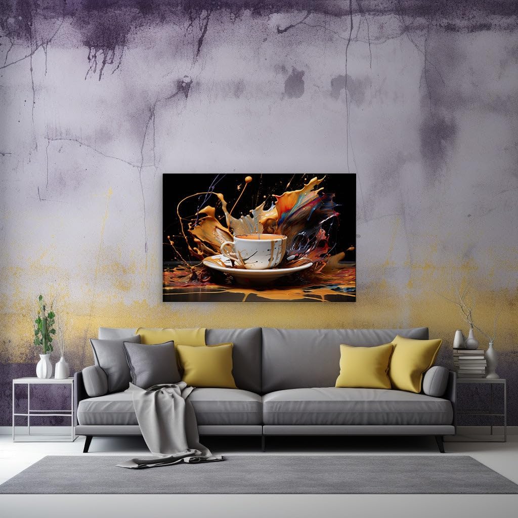 Canvas for Living room. Art in a Cup: The Vibrant Fusion of Coffee and Paint Against Darkness, 27 x 18 inch Canvas Wall Art - Abstract By Atmosphere - Modern Home Decor