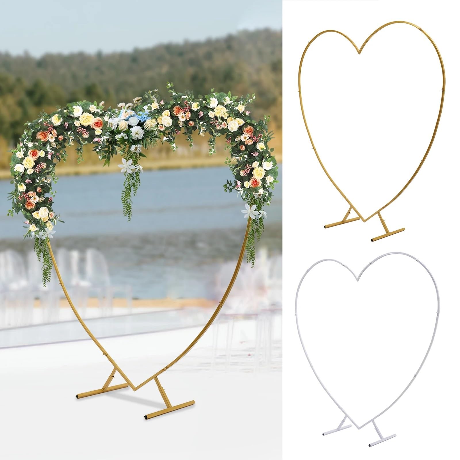 Herzbogen-Set aus Gold/Weißmetall, Herzbogenständer for Hochzeiten, Liebessäulen-Bogenrahmen for Hochzeit, Braut, Valentinstag Ballonbogen Gestell(White)