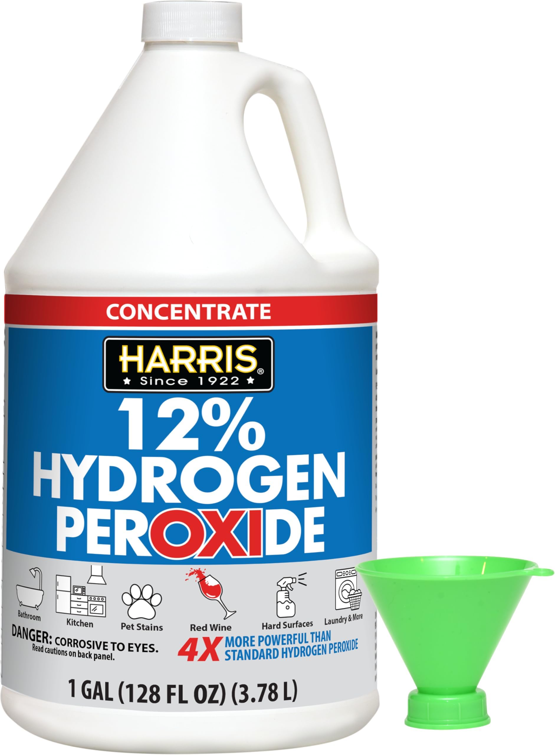 HARRIS 12% Concentrated Hydrogen Peroxide, 128oz, for Kitchen, Bath, Laundry, Home and Garden with Easy Fill Funnel