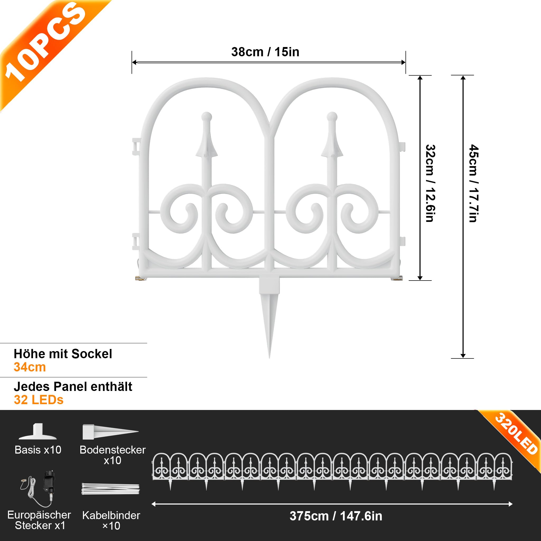 YRHome Płot pod choinkę LED, łukowaty, 3,75 m, 10 sztuk, ogrodzenie z tworzywa sztucznego, płot choinkowy, ciepła biel, dekoracja bożonarodzeniowa, lampa, 8 trybów, wodoszczelność IP44, dla zwierząt